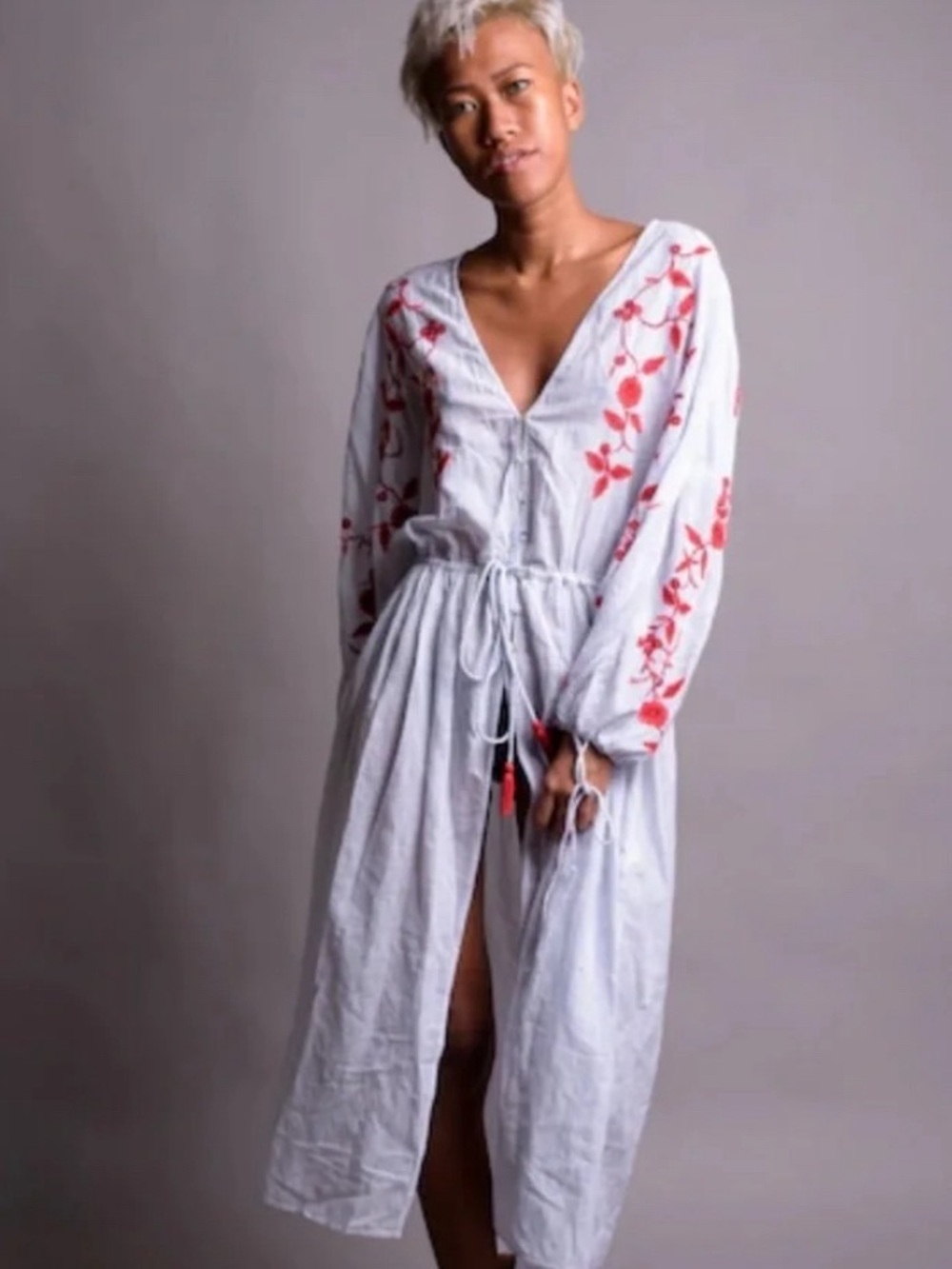 Zara stripe coverup with Red Floral Embroidery